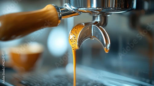 Photo-realistic espresso machine brewing espresso, close-up of coffee flowing, finely detailed crema and espresso shot, natural lighting, warm morning light, high-definition textures, steam effects