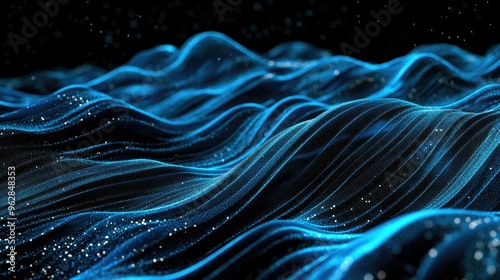 3D blue particles forming horizontal lines that ripple and undulate on a black background, perfect for abstract digital interface and tech-themed visuals.