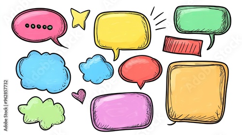 Set of speech bubble text chatting boxes in cartoon doodle style with outline designs and space for your text. Ideal for messaging and communication graphics.