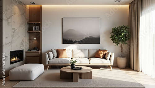 Cozy Living Room with Minimalist Decor and Mountain View