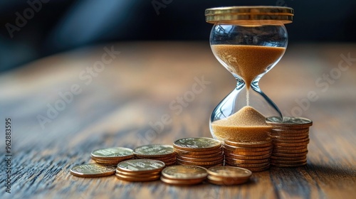 Financial theme featuring an hourglass next to stacks of coins. The illustration highlights time management in personal finance and investment.