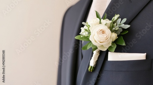 A close-up of a groom's boutonniere made with delicate white roses and green foliage, displayed against a subtle, elegant background that highlights the beauty and sophistication of the floral