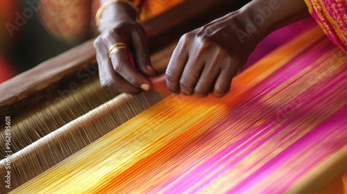 Kanchipuram silk sari handloom weaving in close-up, focusing on the weavera hands and the intricate fabric patterns.