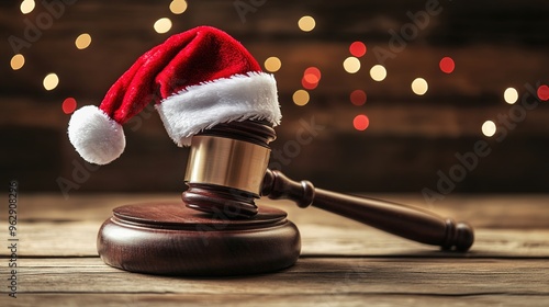 Santa Claus hat on Judge Gavel on wooden rustic background. Christmas and new year celebration. Winter holidays law or heritage protection service.