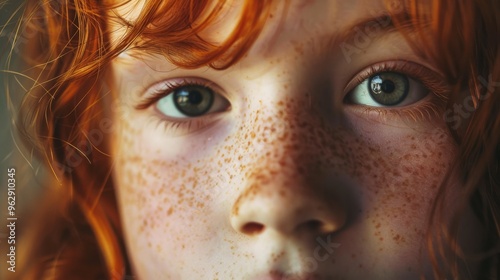 A close-up of a ginger-haired child with freckles, capturing innocent curiosity through their wide, expressive eyes in soft, diffused light.