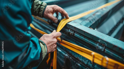 Medium close-up of hands tightening the straps around cargo on a truck bed, securing the load for transport.