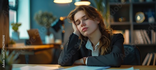 Exhausted female manager in a business suit slumping over her desk, depicting fatigue