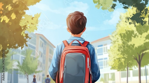 Boy with backpack going to school. The new academic semester year start with friend at school background