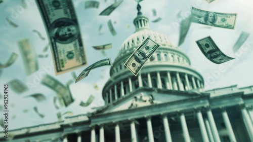 Whimsical scene of dollar bills flying around the US Capitol, symbolizing money and politics, against a soft-focus background of the iconic building.