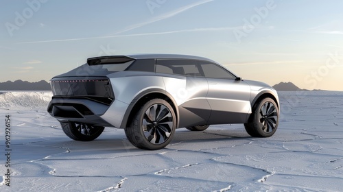 futuristic silver electric SUV concept car designed with an Italian flair, standing on a salt lake in an icy landscape, featuring sleek minimalistic design and advanced digital display technology