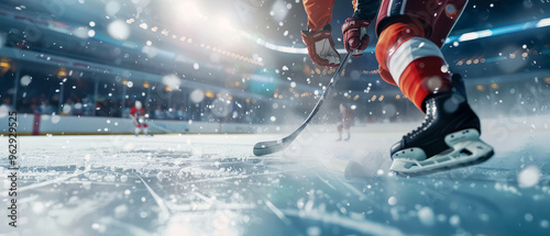 Professional hockey tournament, players at the ice rink arena playing in hockey. Sportsman in motion. Hockey, active dynamic competition at ice stadium. Winter sport match. Generative ai