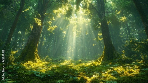 Sunlight shining through trees in magical forest