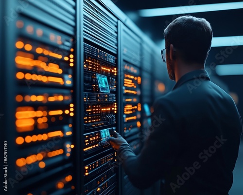 A technician works on a server rack in a data center. The rack is lit with blue and orange lights, and the technician is wearing a suit.