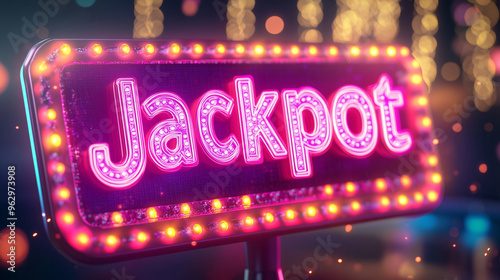 A bright, neon "Jackpot" sign glowing with colorful lights in a festive casino setting, evoking excitement and anticipation of winning big.