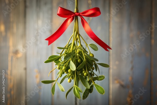 Christmas mistletoe hanging with red ribbon on wood background