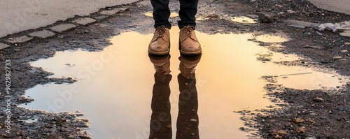 Shadow of a person on a rainy street, distorted by puddles, identity, fragmented self