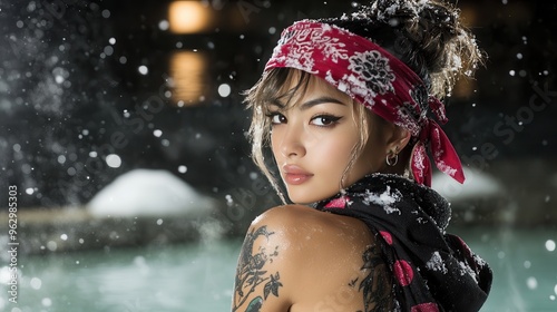 Japanese Supermodel in ose Surrounded by Steam and Snow at a Fish Market After Swimming