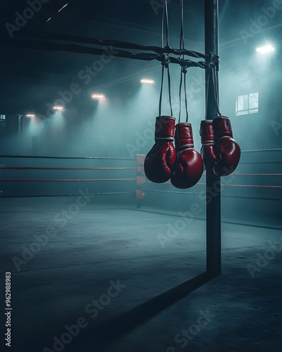 Boxing Gloves Hanging In A Boxing Ring