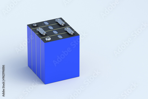 Set of LiFePo4 cells on gray background. Prismatic modules for lithium iron phosphate battery. Uninterruptible power supply. Copy space. 3d render