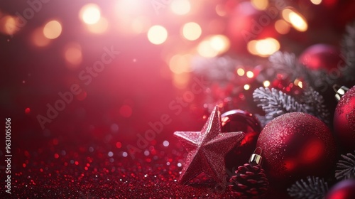 Rich red Christmas background with softly glowing stars and festive ornaments, conveying warmth and the holiday spirit.