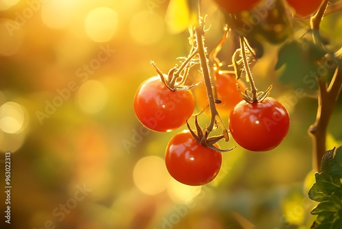 Branch of cherry tomatoes growing under golden sunlight