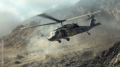 Visualize a military helicopter performing a tactical maneuver over a rugged terrain, with camouflaged troops and equipment visible