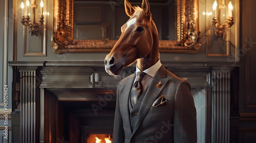 Elegant Horse Dressed in Formal Business Attire Posing in a Traditional Office Setting