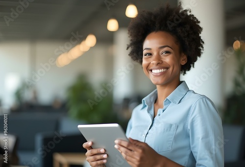 Portrait of happy african businesswoman with touchpad in office looking at camera