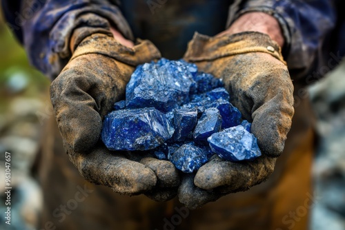 Cobalt Mineral Crystal. Artisanal Miner Holding Blue Cobalt Stone Deposit