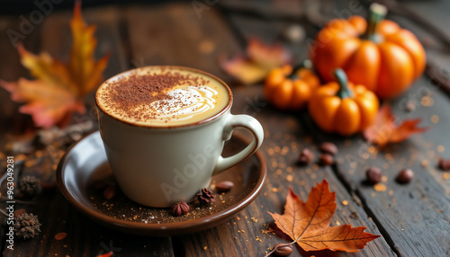 a latte cup with autumn leaves and decorations on a wooden background