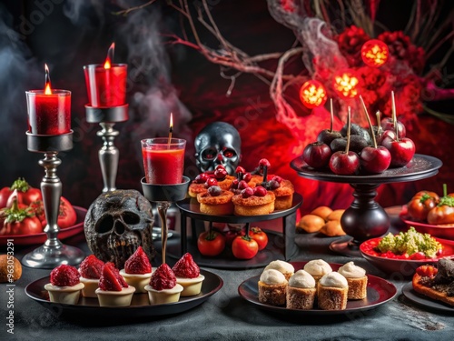 Spooky Appetizers Halloween Party Menu With Red And Black Colors And Gothic Decor Mood Dark And Ominous Perfect For A Haunted Mansion Dinner Theme Concept