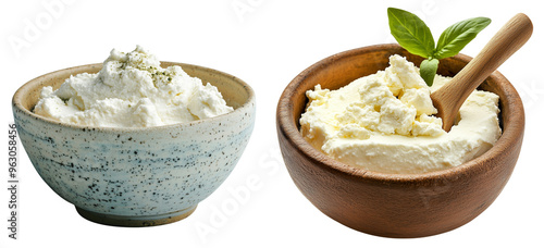 Creamy Indulgence: A Culinary Delight - Two bowls overflowing with fresh, creamy ricotta cheese, ready to elevate any dish, isolated on transparent background. 