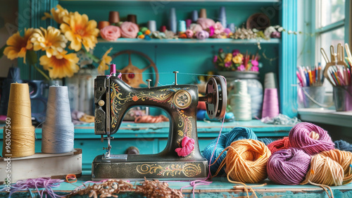 an image of a bohemian-inspired craft room with a colorful yarn stash and vintage sewing machine