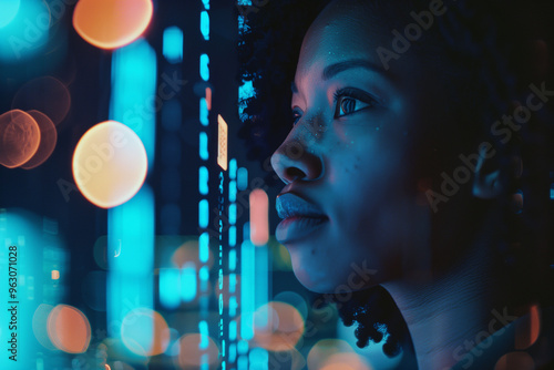 AI cyber security threat illustration, black african american female IT specialist analysing data information technology, augmented reality artificial intelligence collage, side profile, copy space 