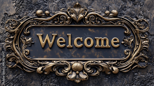 Luxurious welcome sign featuring ornate gold floral designs on a textured blue background, conveying elegance and sophistication. 