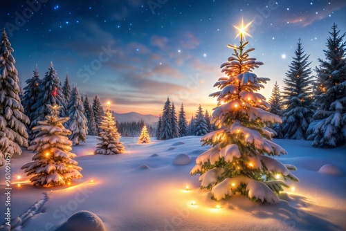 Snow-covered christmas trees with glowing lights under starlit sky in winter wonderland