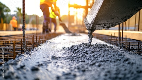 a construction site with workers pouring concrete into a foundation mold, surrounded by clean and organized building materials