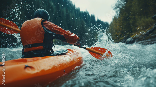 A kayaker rafting struggling with water splashes in boat in rapid river in mountain