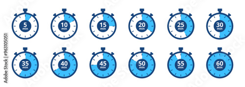 Stopwatch timer set, 5-minute clock on white background. Set of timers. Stopwatch icons. Countdown 5, 10, 15, 20, 25, 30, 35, 40, 45, 50, 55, 60 minutes - Vector Icon