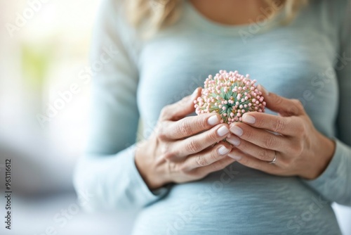 Woman holding thyme herb near belly, supportive care for proper diuresis and digestion, natural remedies against tummy ache and constipation