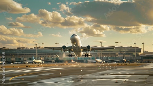 Commercial Airplane Taking Off from Bustling Airport Terminal