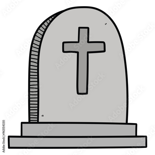 Hand drawn cartoon gravestone with cross on white background.