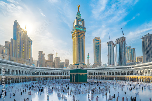 A stunning view of the Kaaba surrounded by pilgrims and the majestic Abraj Al-Bait Clock Tower under the midday sun