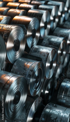 AI-generated image of piled rolls of pure steel iron sheets in a steel storage factory, emphasizing