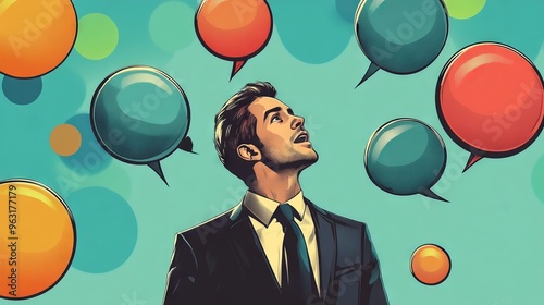 Verbal or oral communication skill, storytelling or explanation, public speaking, talking or discussion, telling message or speech concept, confidence businessman talking with multiple speech bubbles.