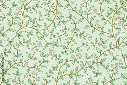 Intricate foliage pattern comprising entwined vines, leaves, and flowers, executed in a single continuous line, on a soft mint green background.