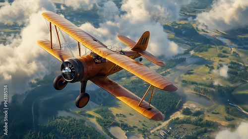 35. A charming biplane flying over a classic American countryside