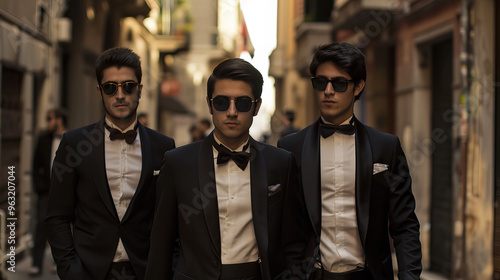 A trio of well-dressed men in black tuxedos and sunglasses confidently walking down a stylish urban street, exuding charm and elegance