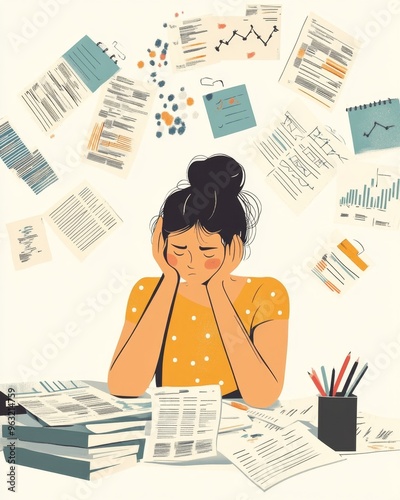 A woman feeling stressed about job applications and unemployment trends in a minimalistic workspace