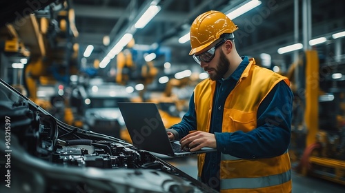 Car Factory Engineer in High Visibility Vest Using Laptop Computer Automotive Industrial Manufacturing Facility Working on Vehicle Production with Robotic Arms Technology Automated Ass : Generative AI